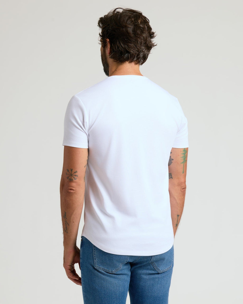 White Pima Cotton Blend Curved Hem Crew