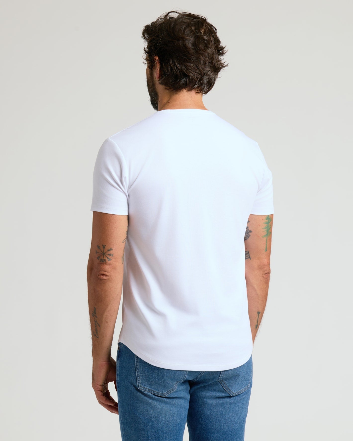 White Pima Cotton Blend Curved Hem Crew