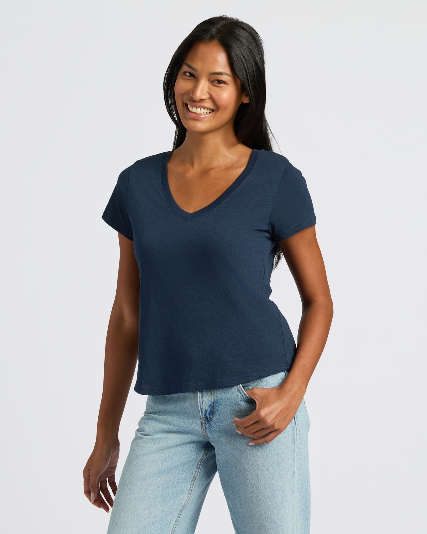 Womens Navy Relaxed Slub V-Neck Tee